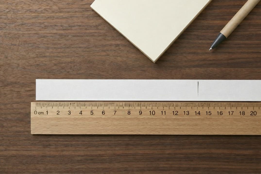 Measuring the marked distance on a paper strip using a wooden ruler to get the final result. Measuring the marked distance on a paper strip using a wooden ruler to get the final result.
